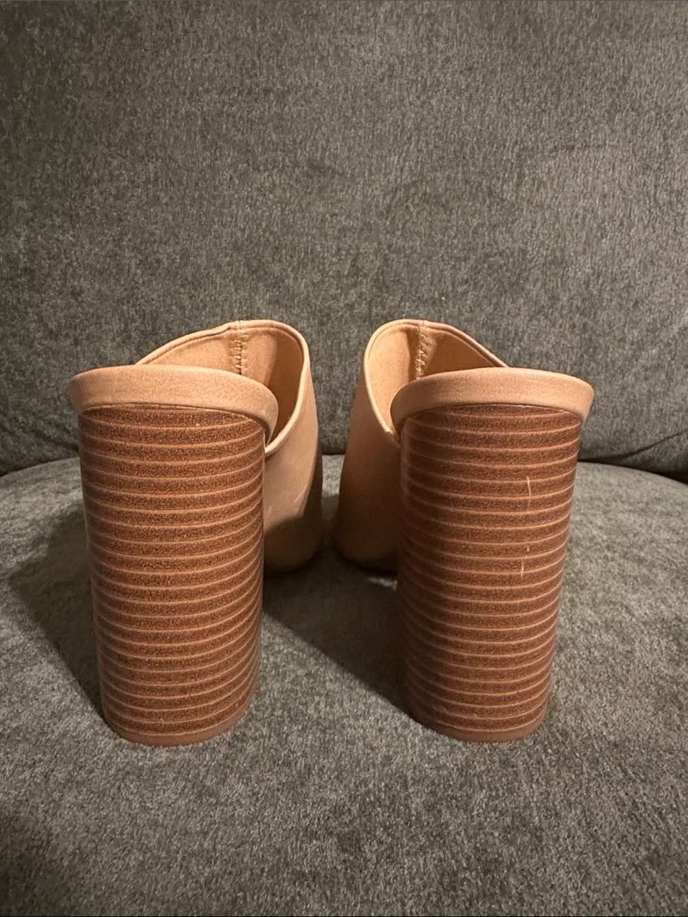 Qupid Tan Peep-Toe Block Heel Mules - Picture 4 of 9